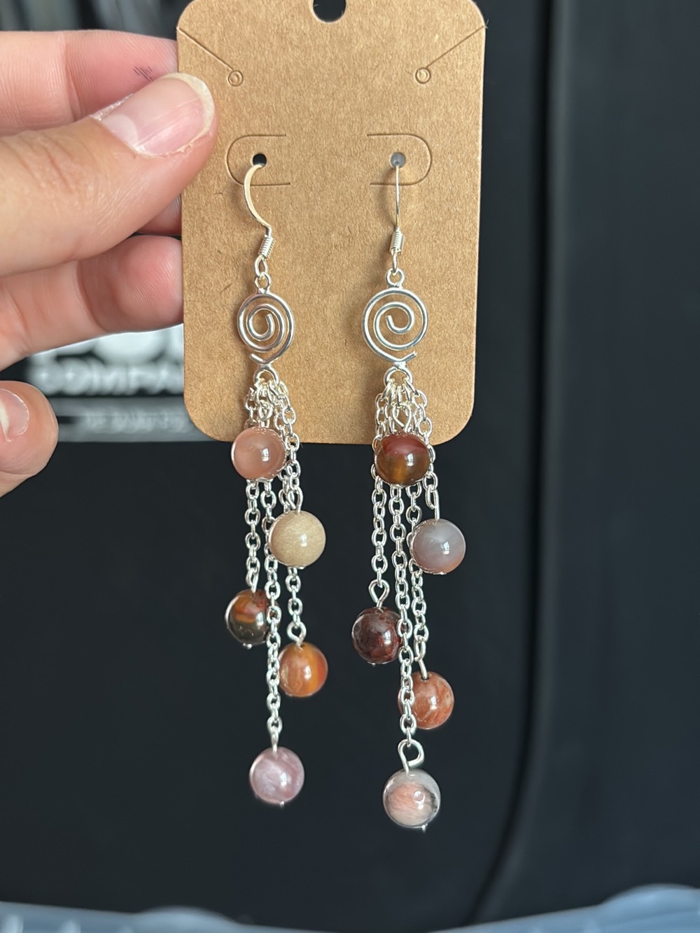 Silver toned Spiral Multi-Bead Dangle Earrings — Brown & Pink Beads